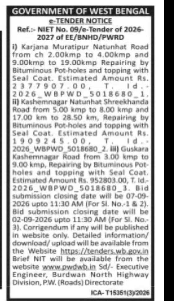 PWD Burdwan North Highway Division – Road Repair Works