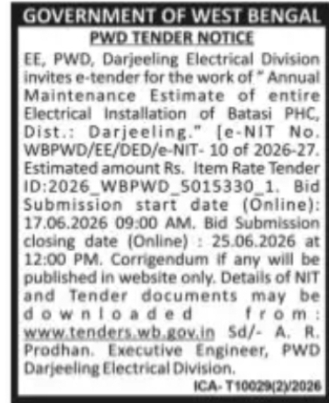 PWD Electrical Maintenance Tender – Darjeeling