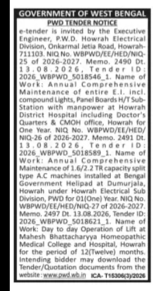 PWD Howrah Electrical Division – Multiple Maintenance Tenders