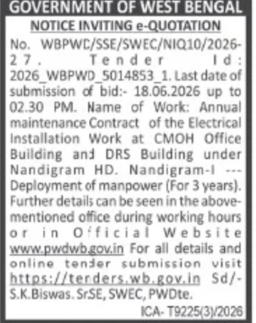 PWD Notice Inviting e-Quotation – Electrical Maintenance (Nandigram)
