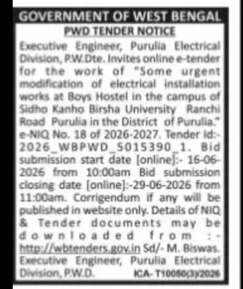 PWD Purulia Electrical Works Tender
