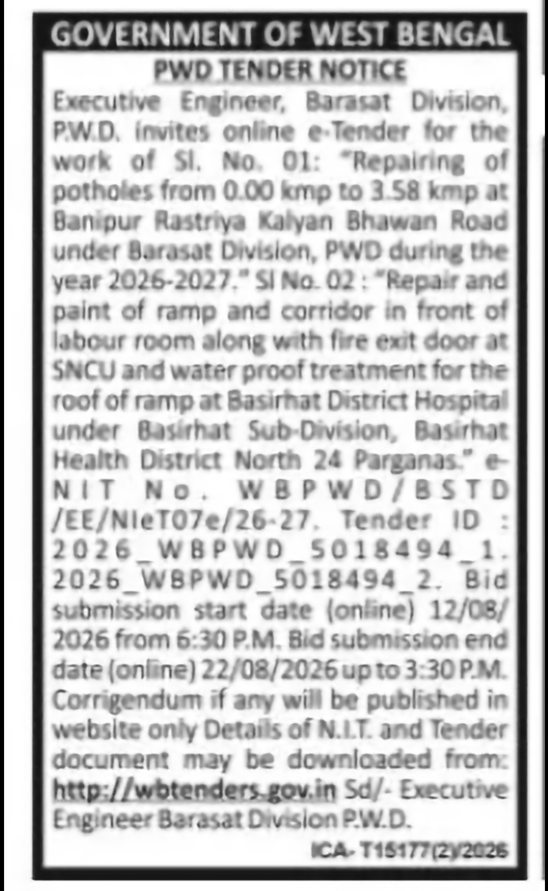 PWD Repair and Maintenance Works – Barasat Division
