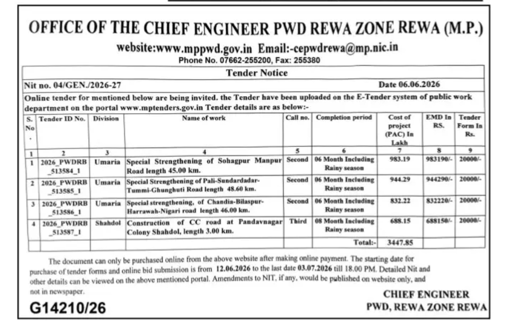PWD Rewa Zone (M.P.) NIT 04/GEN./2026-27 Road Strengthening and Construction Tenders