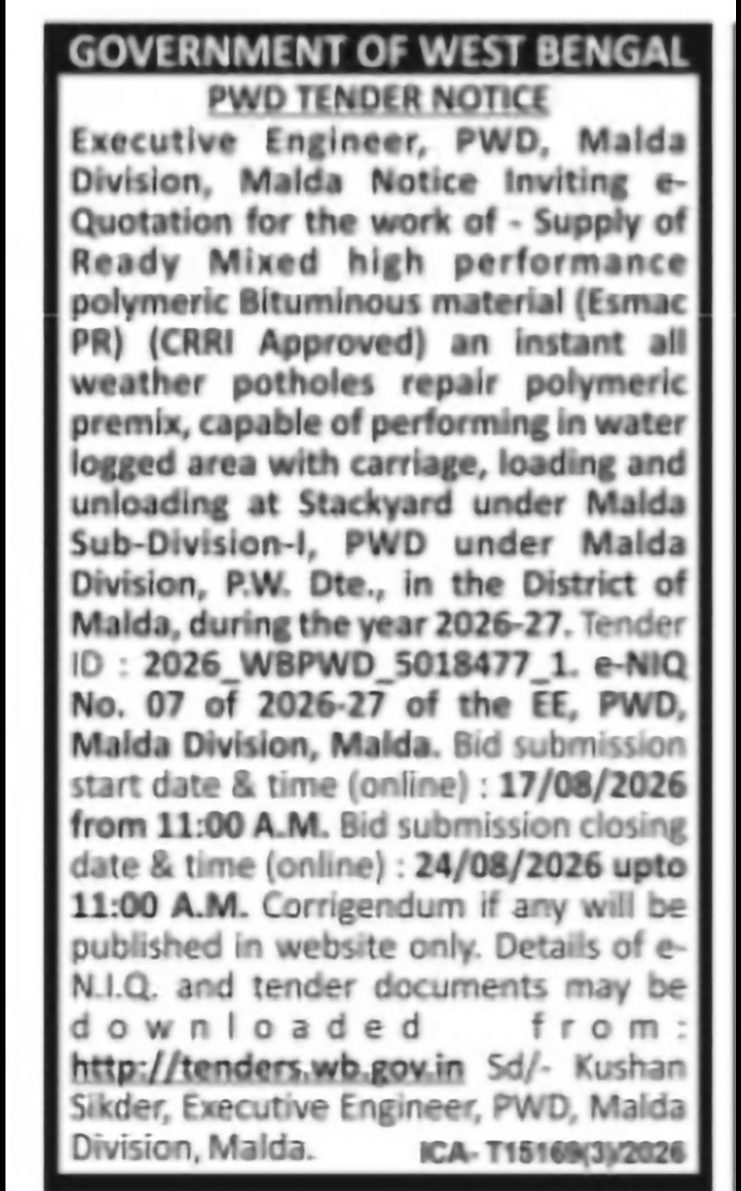 PWD Tender for Supply of Ready Mixed Bituminous Material