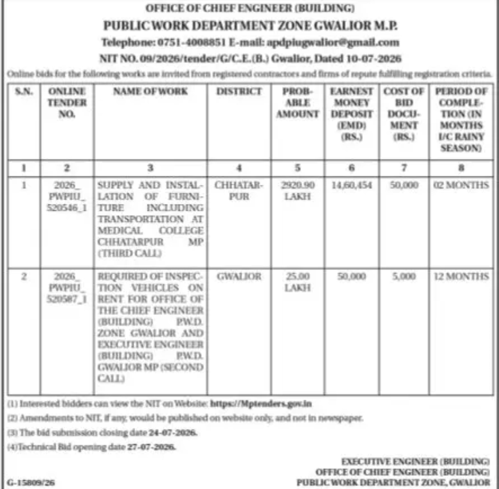PWD Tender Notice for Furniture Supply & Vehicle Rental Services