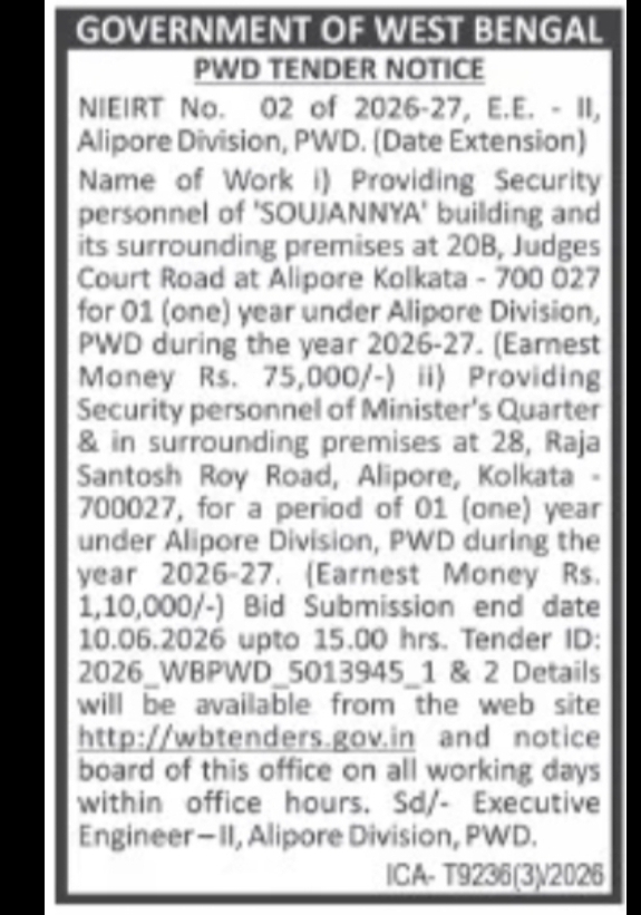 PWD Tender Notice – Security Services (Alipore Division, Kolkata)