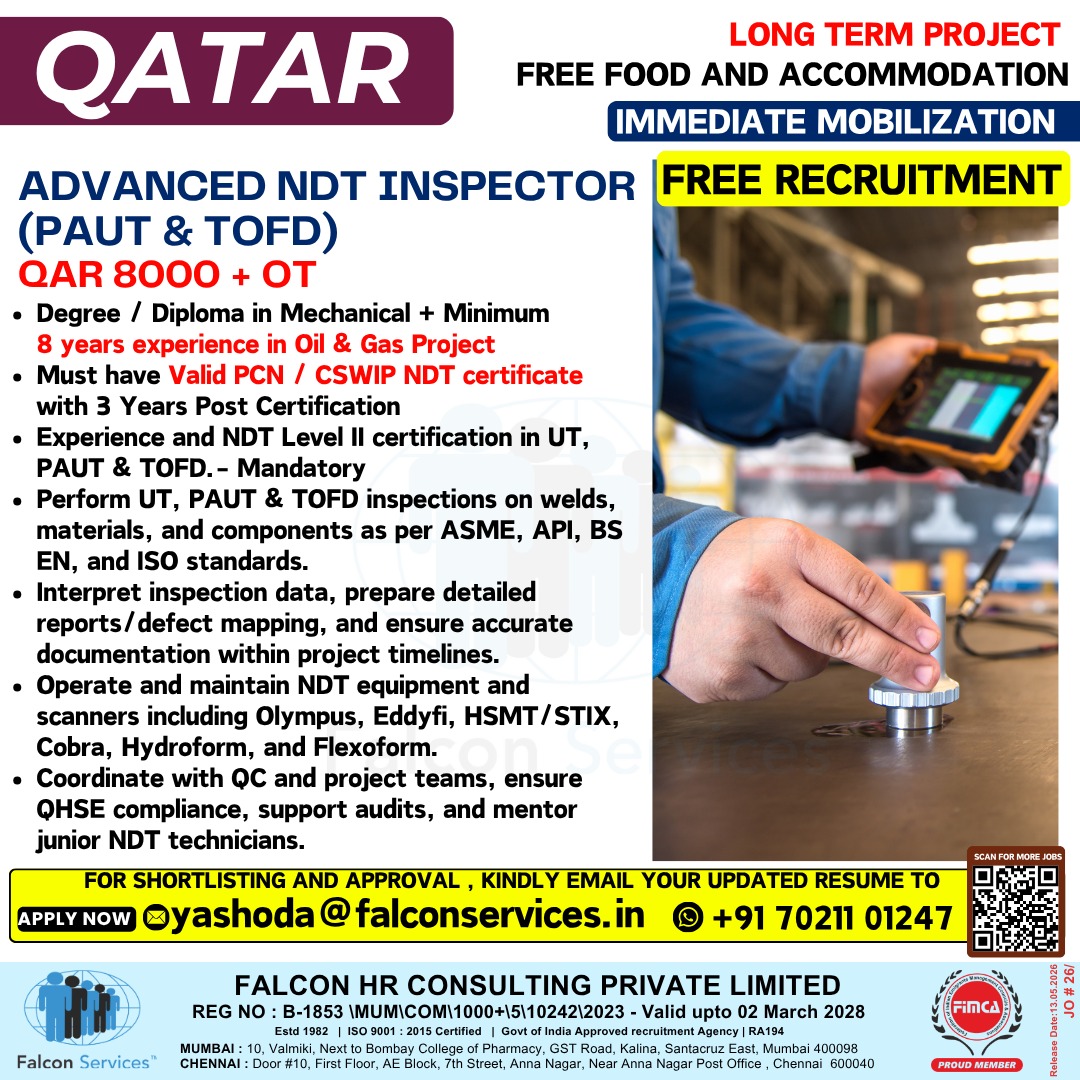 QATAR – ADVANCED NDT INSPECTOR (PAUT & TOFD)