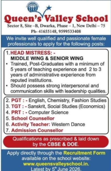 Queen's Valley School, Dwarka – Teaching & Counselling Vacancies