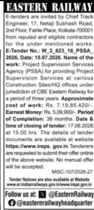 Railway Tender Notice – Project Supervision Services Agency (PSSA)