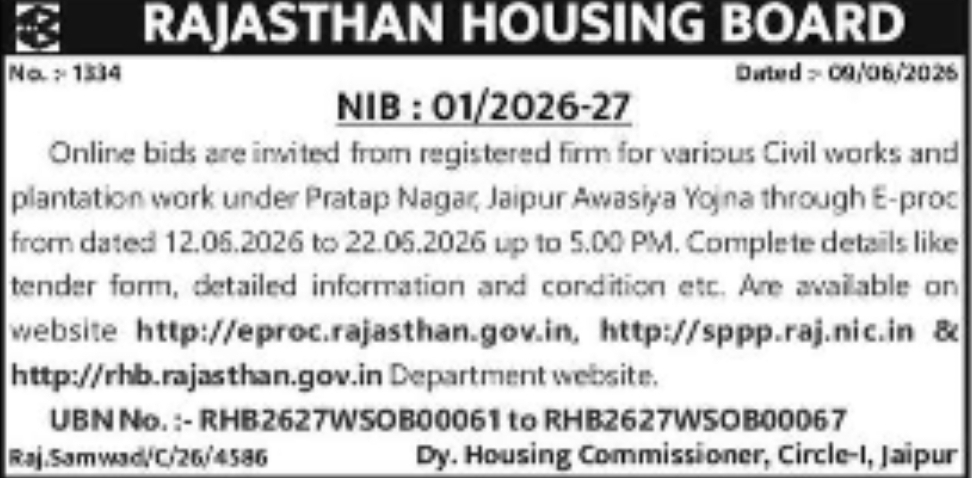 Rajasthan Housing Board – NIB 01/2026-27: Civil Works and Plantation Works at Pratap Nagar, Jaipur (E-Procurement Tender)