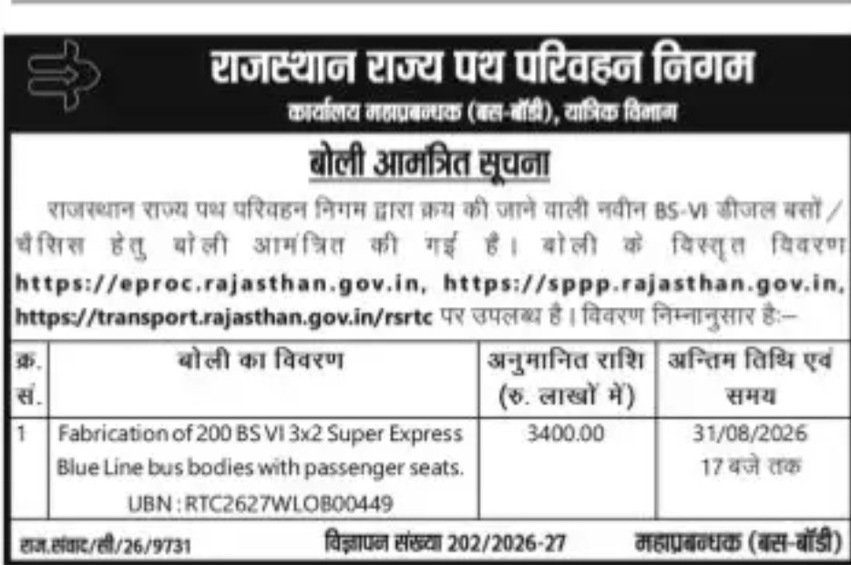 Rajasthan Roadways Invites Bids for Fabrication of 200 BS-VI Bus Bodies