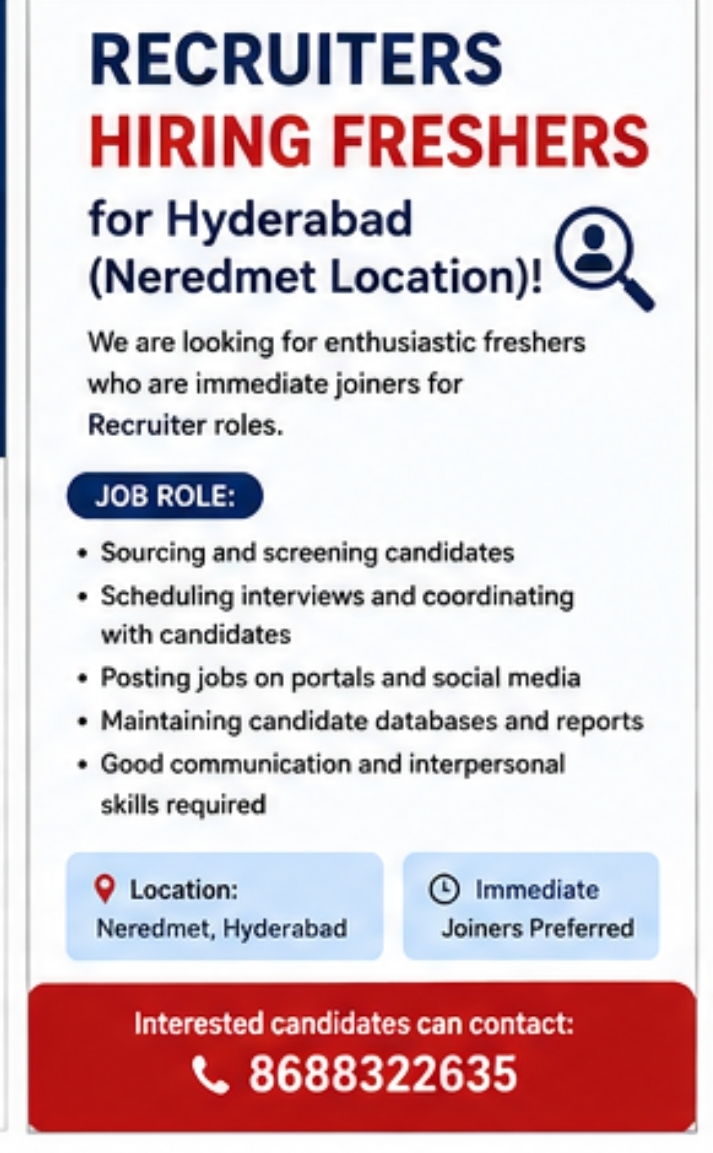 Recruiters Hiring Freshers for Hyderabad