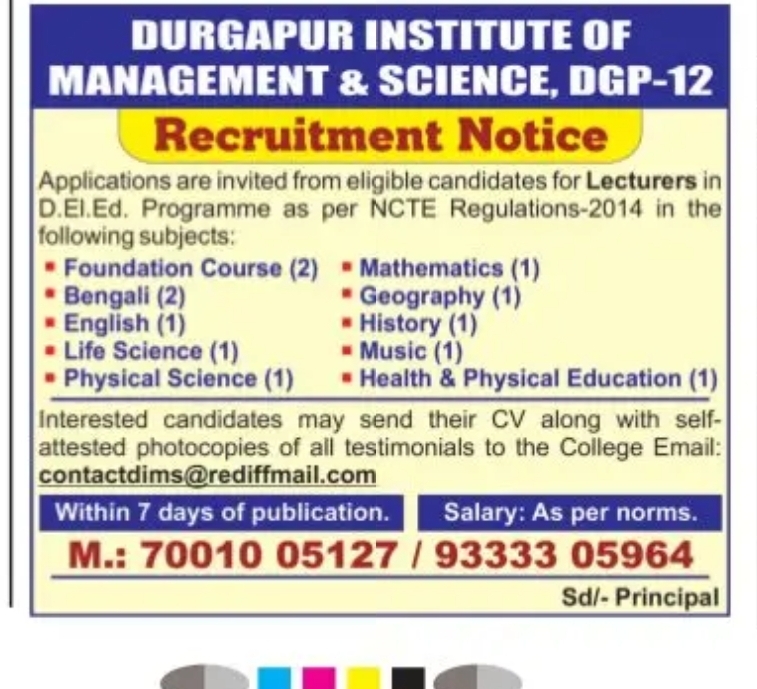 Recruitment for Lecturers – Durgapur Institute of Management & Science