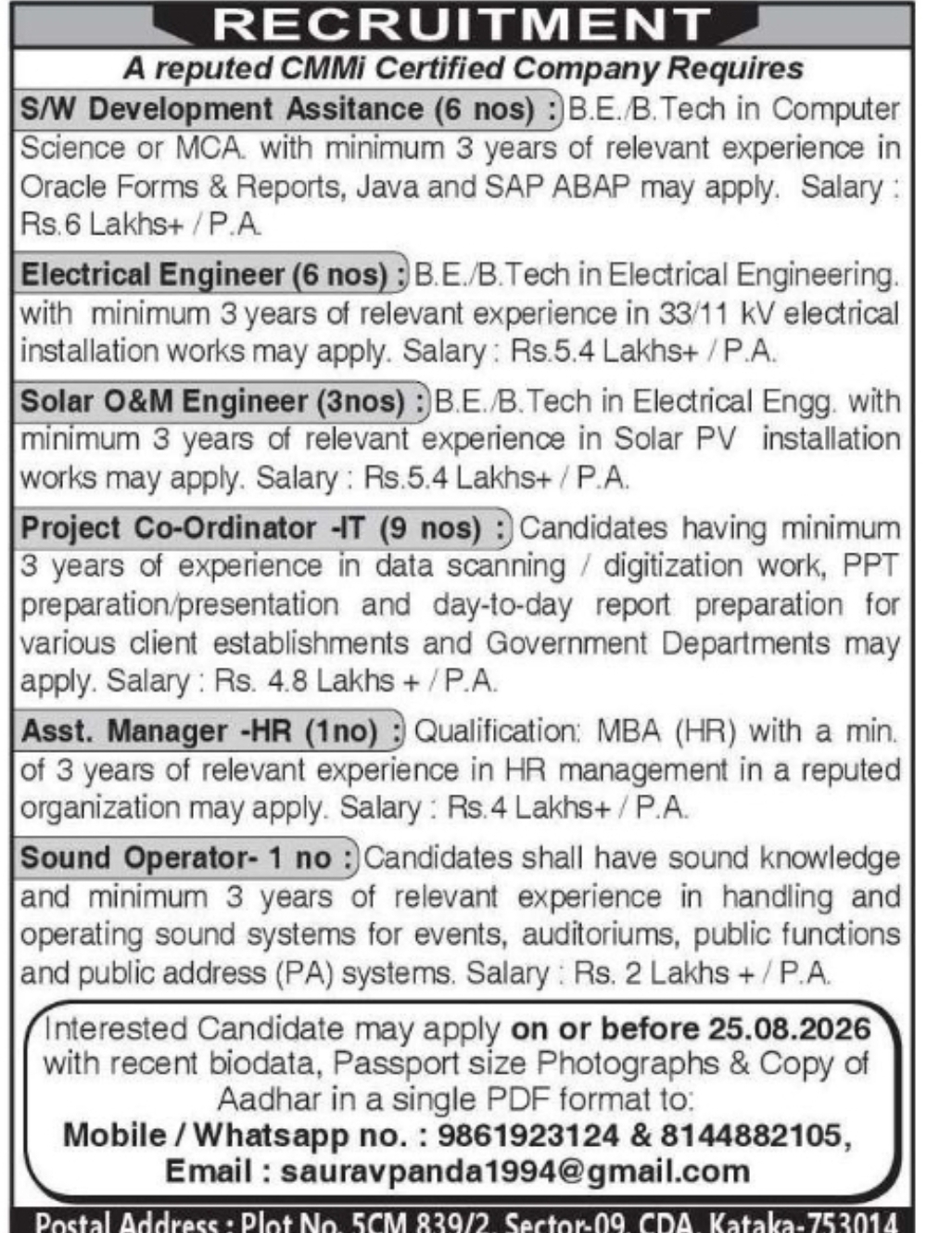 RECRUITMENT – MULTIPLE POSITIONS