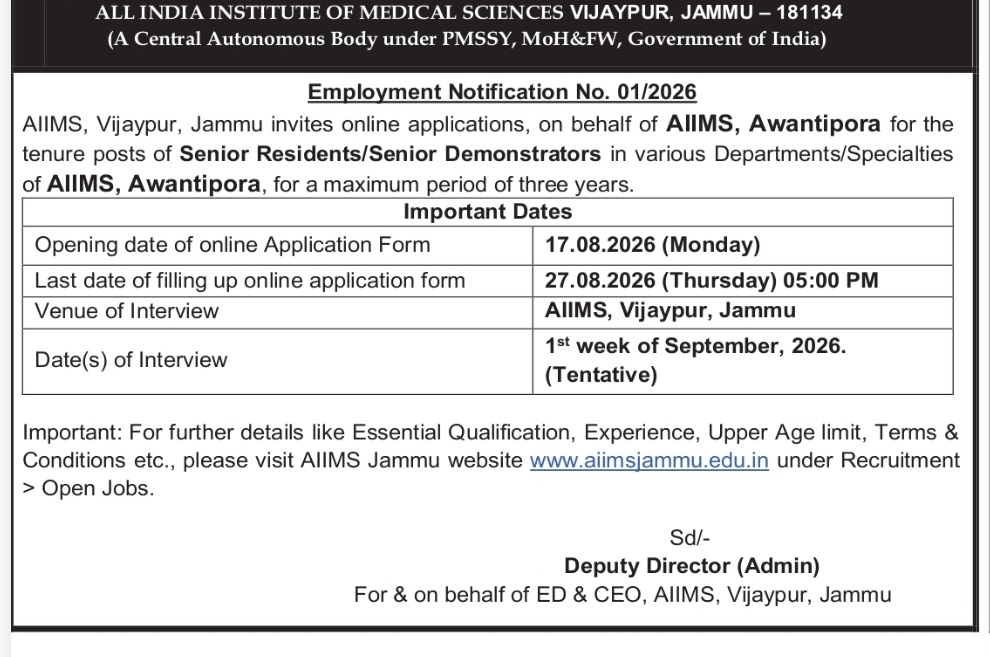 Recruitment of Senior Residents/Senior Demonstrators – AIIMS Vijaypur