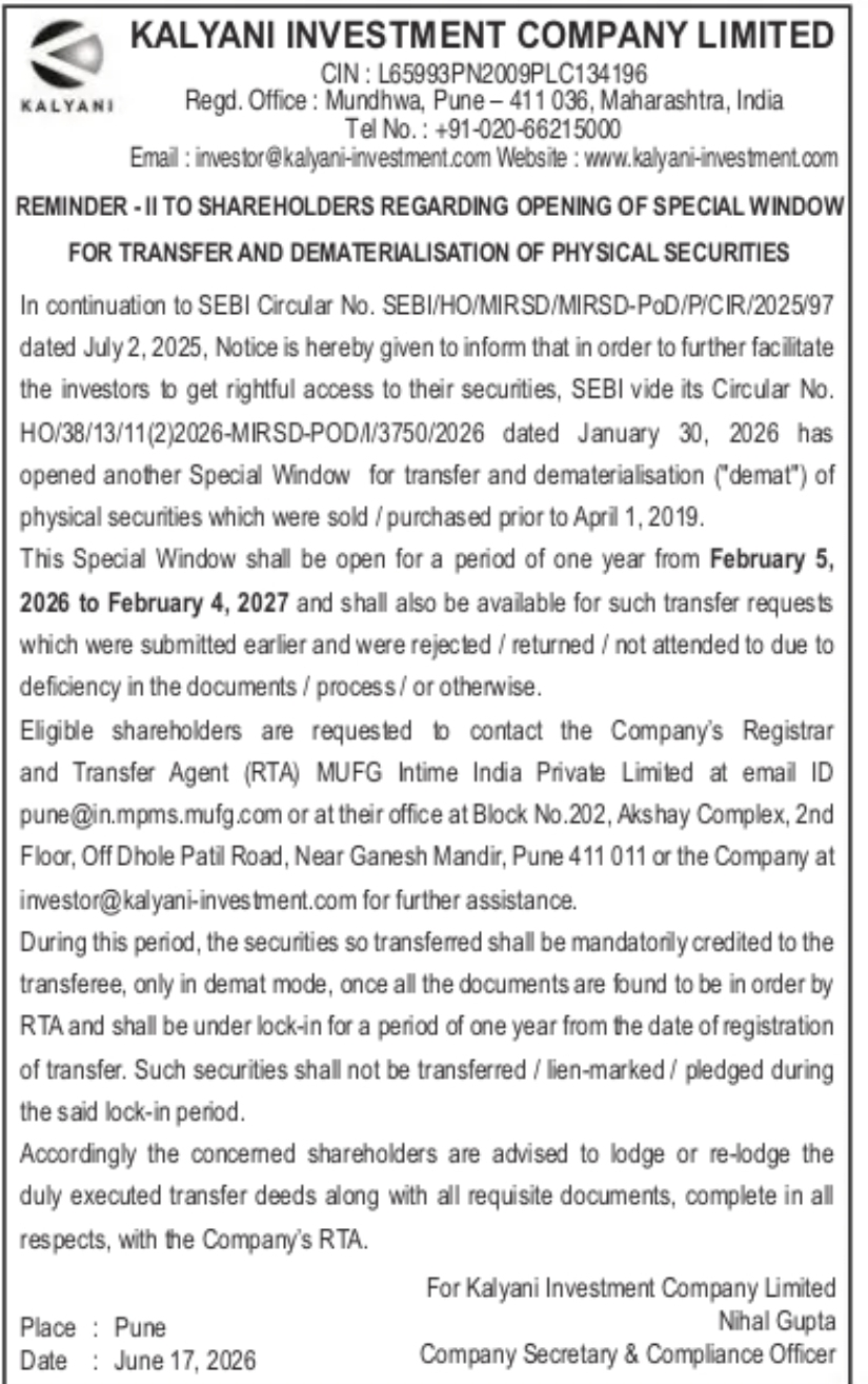 Reminder II – Special Window for Transfer and Dematerialisation of Physical Securities
