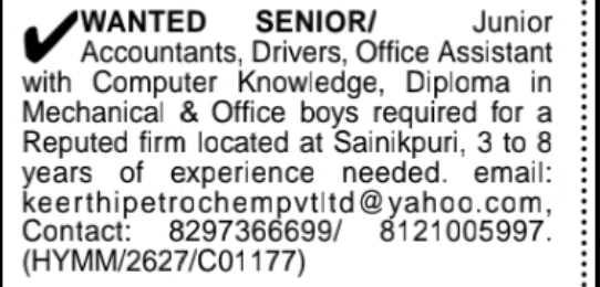 🏢 Reputed Firm in Sainikpuri is hiring: