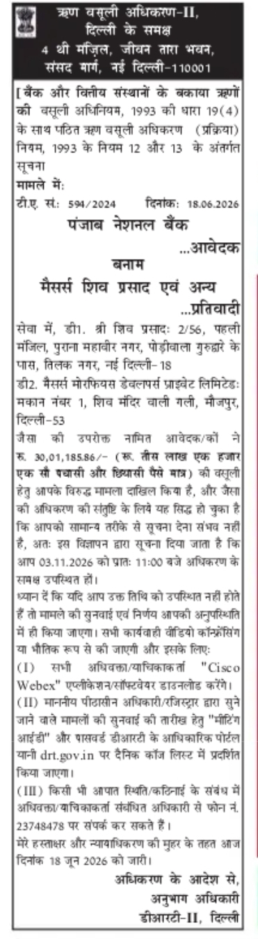 ऋण वसूली अधिकरण-II, दिल्ली – सार्वजनिक सूचना