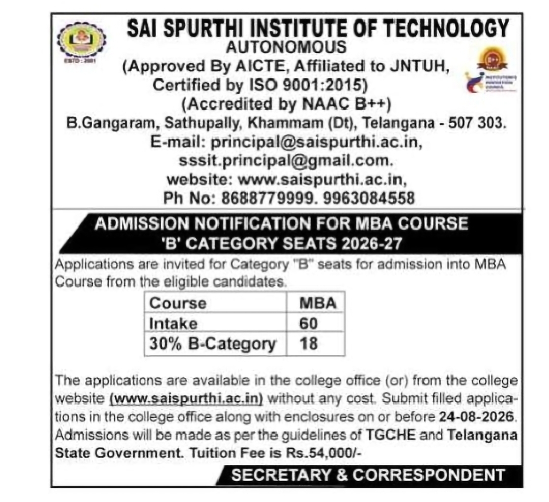 SAI SPURTHI INSTITUTE OF TECHNOLOGY – MBA CATEGORY B ADMISSIONS 2026-27