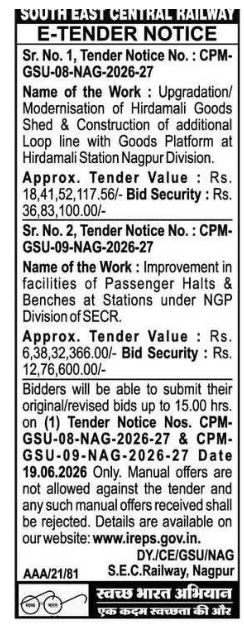 SECR Nagpur Division E-Tender Notice 2026-27