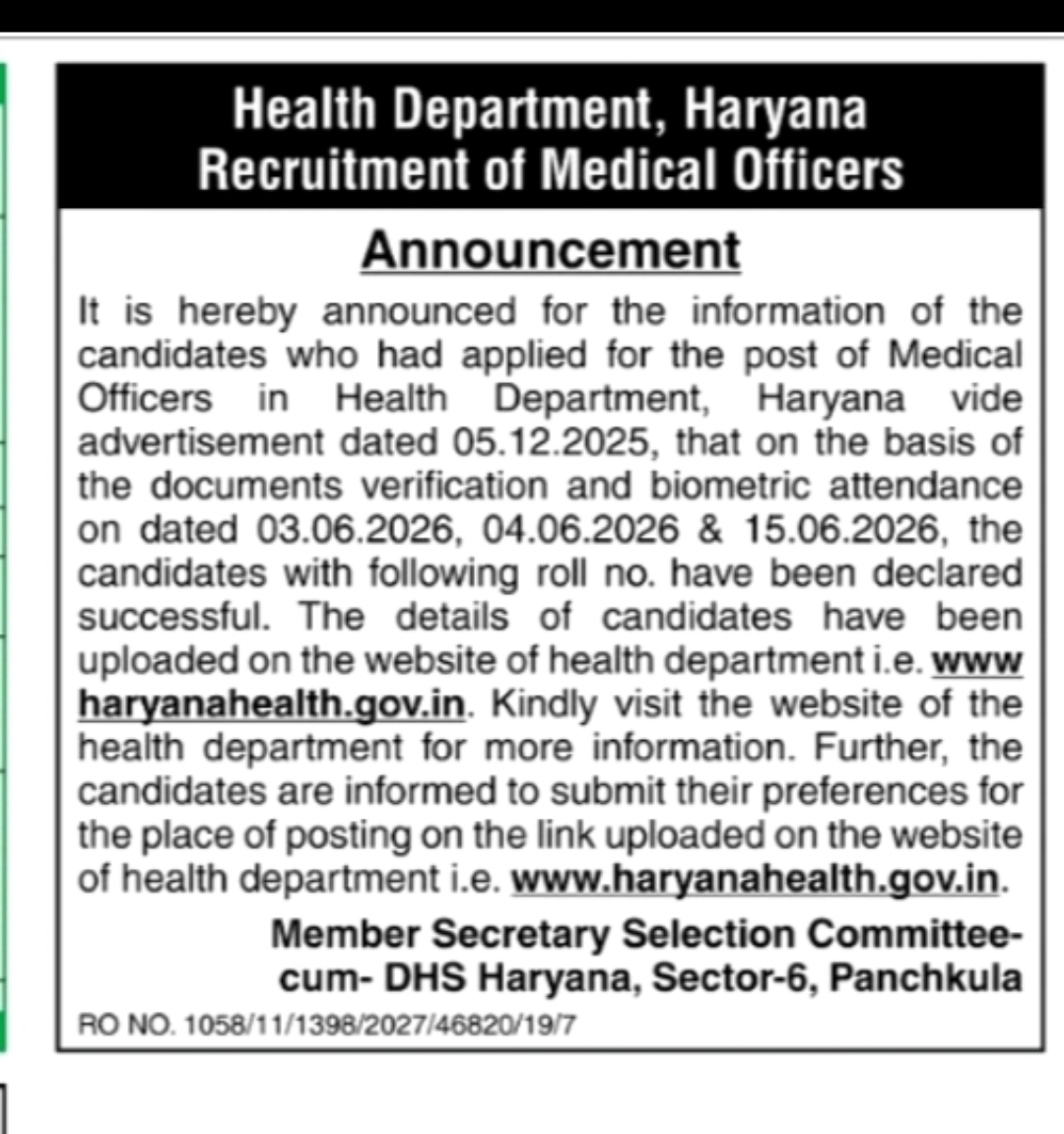 SELECTED CANDIDATES ANNOUNCEMENT – MEDICAL OFFICERS