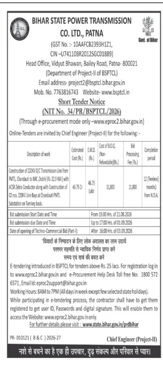 Short Tender Notice – BSPTCL Transmission Line Construction