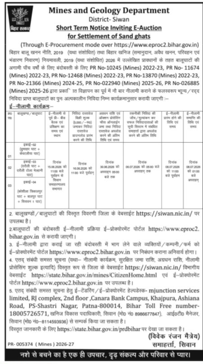 Short-Term E-Auction Notice for Settlement of Sand Ghats in Siwan District, Bihar