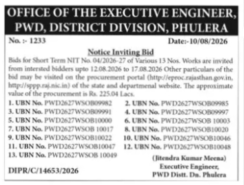 Short Term E-Tender for 13 PWD Works in Phulera
