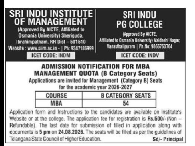 Sri Indu Institute of Management PG College – MBA Management Quota Admissions 2026-27