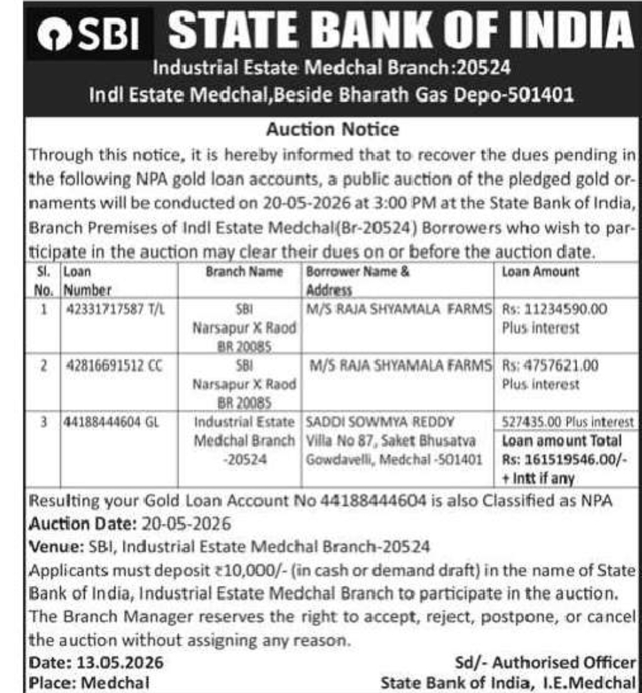 STATE BANK OF INDIA – AUCTION NOTICE