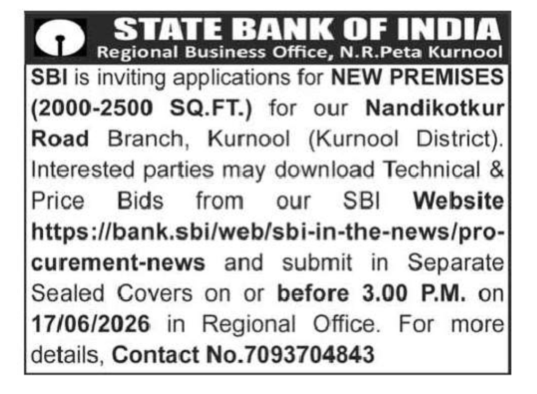 State Bank of India – Premises Requirement for Nandikotkur Road Branch, Kurnool