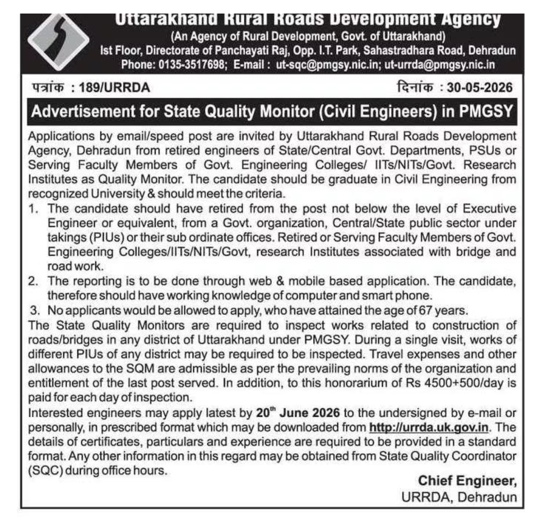 State Quality Monitor (Civil Engineers) – PMGSY, Uttarakhand