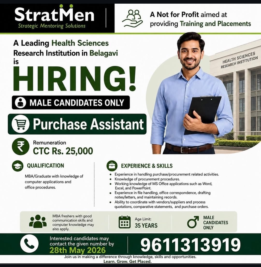StratMen Strategic Mentoring Solutions is hiring for a leading Health Sciences Research Institution in Belagavi.