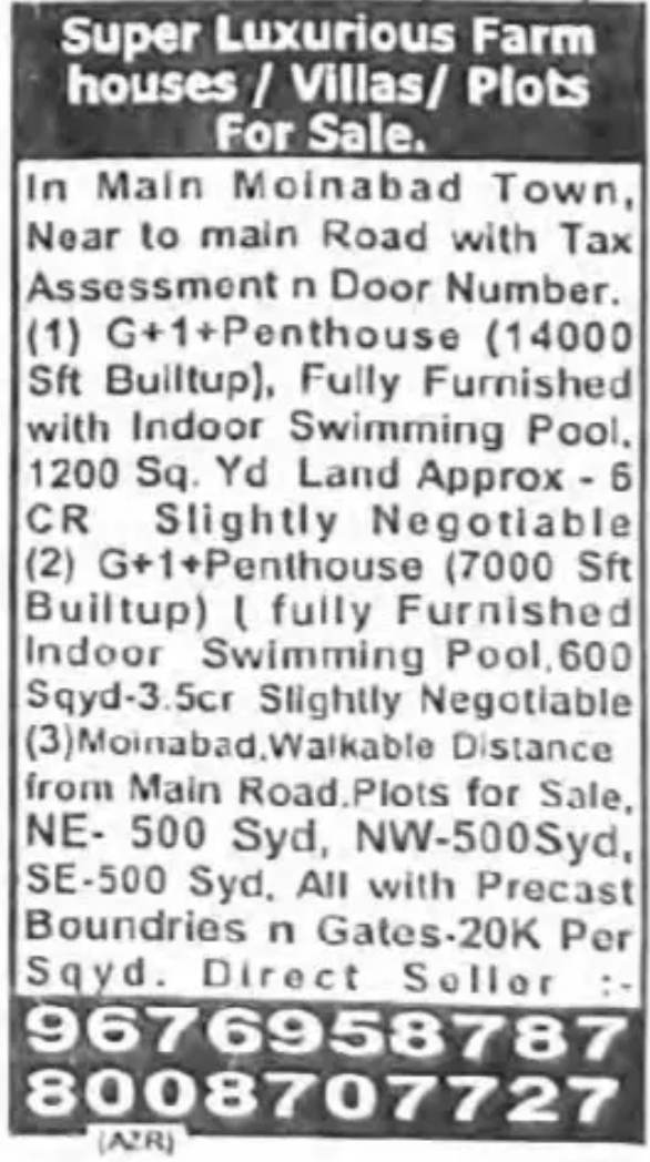 SUPER LUXURY FARMHOUSES / VILLAS / PLOTS FOR SALE – MOINABAD