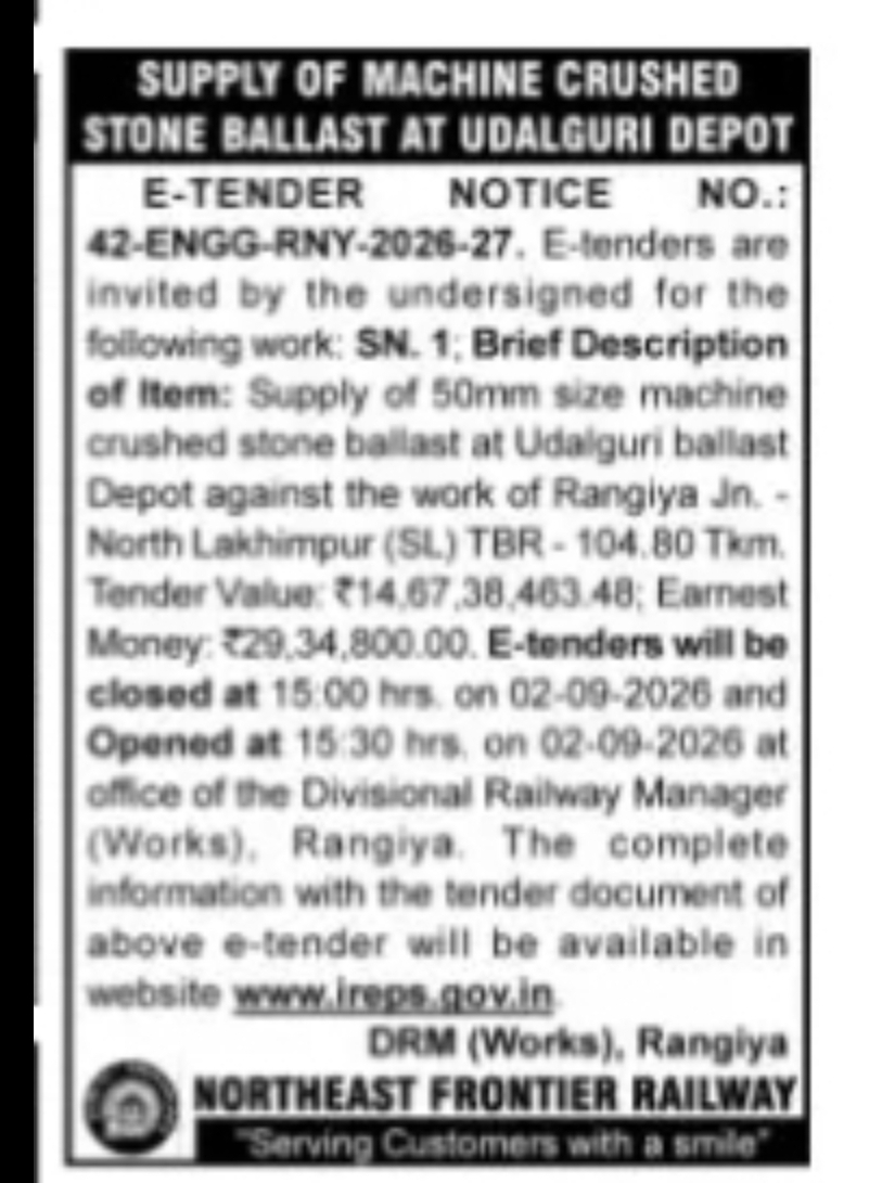 Supply of Machine Crushed Stone Ballast – Udalguri Depot