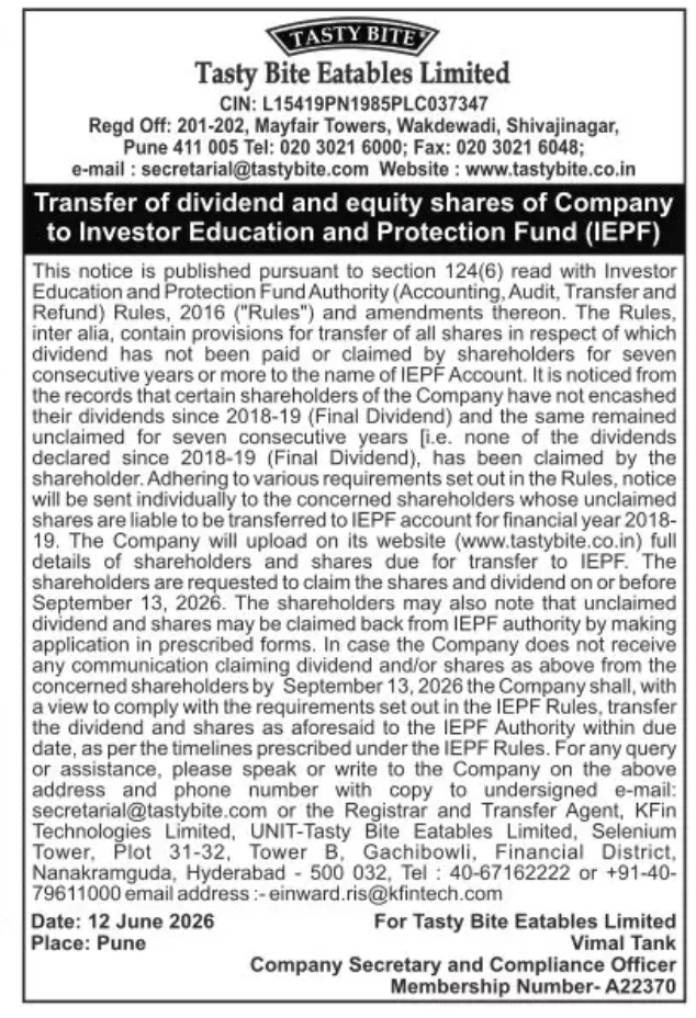 Tasty Bite Eatables Limited – IEPF Transfer of Unclaimed Dividend and Equity Shares Notice