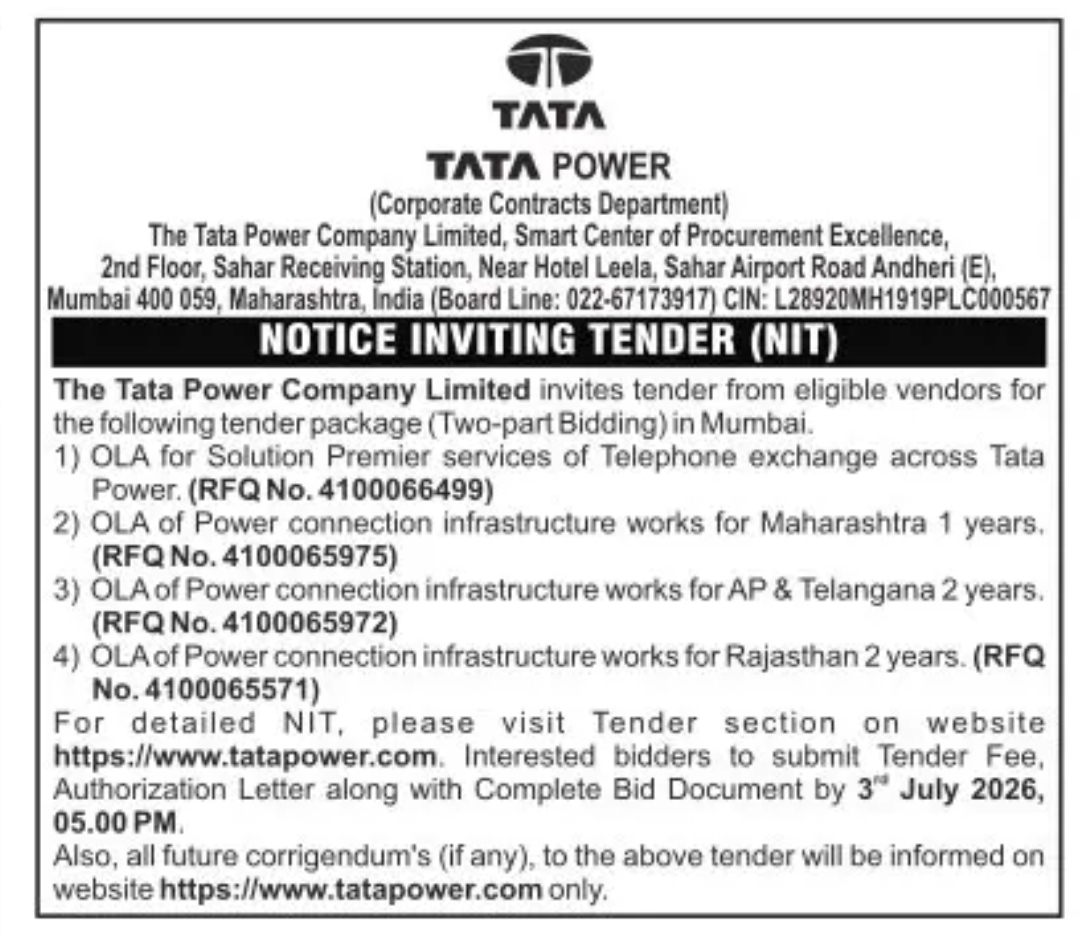 Tata Power Limited – Notice Inviting Tender (NIT) for OLA Contracts