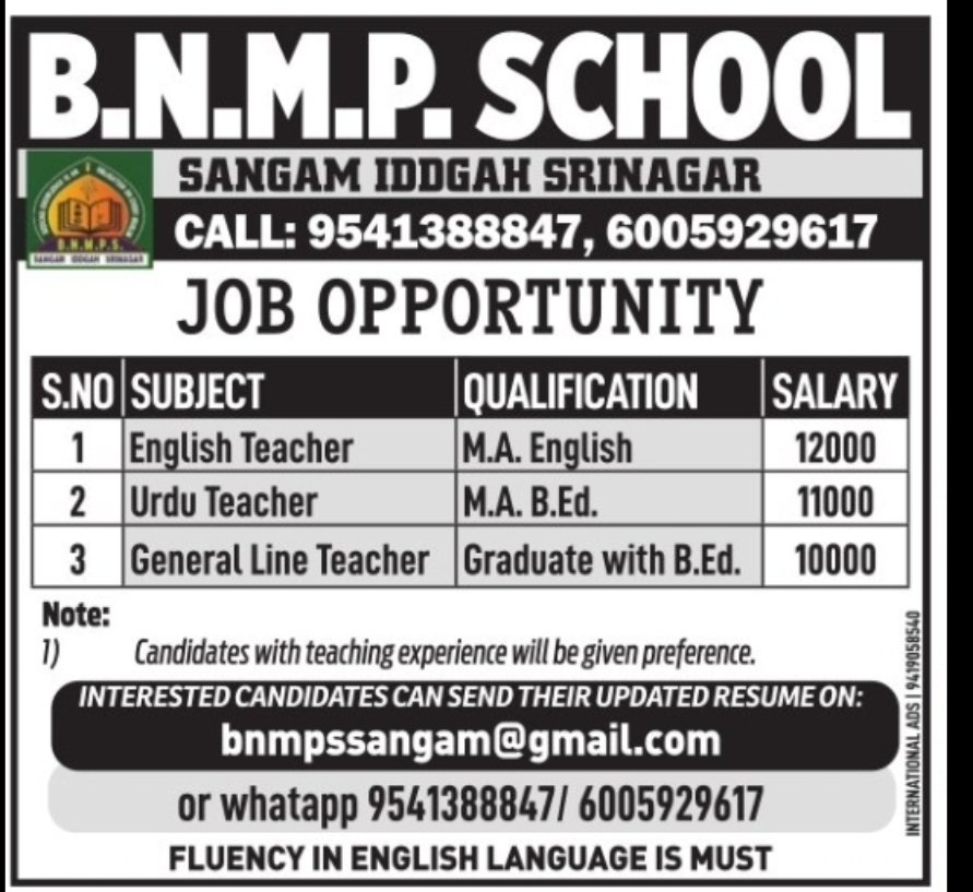 Teacher Recruitment – B.N.M.P. School
