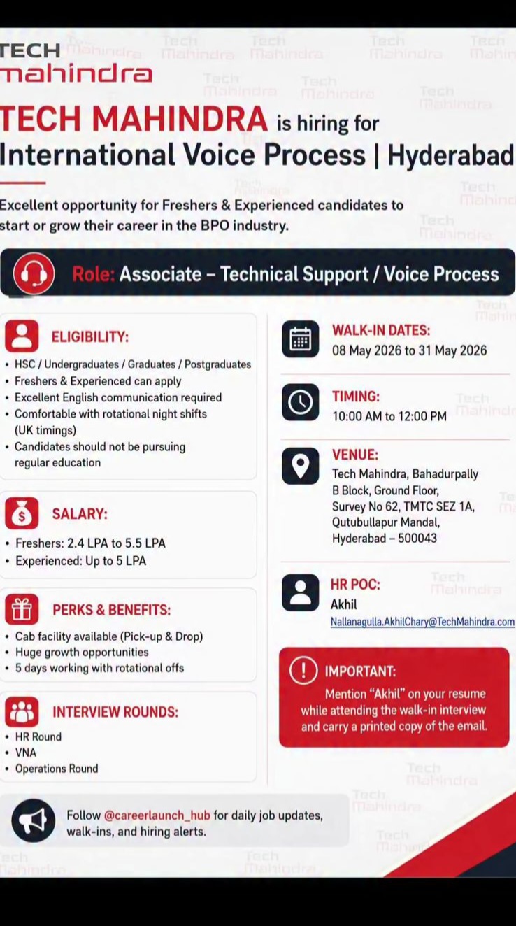 Tech Mahindra Walk-in Drive for International Voice Process – Associate Role (Hyderabad)