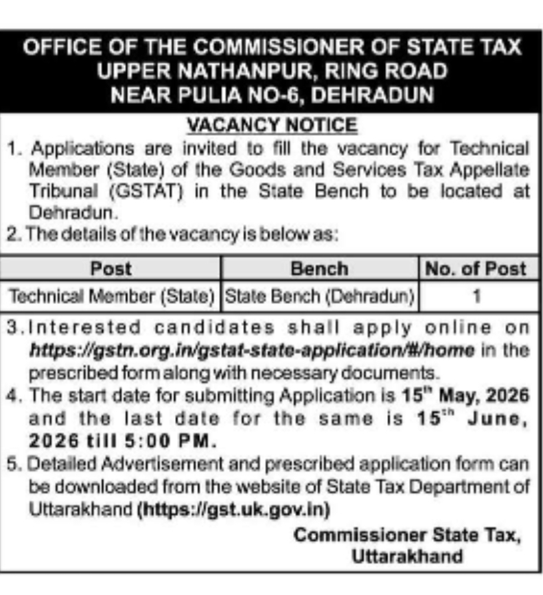 Technical Member (State) – GST Appellate Tribunal (GSTAT), Dehradun