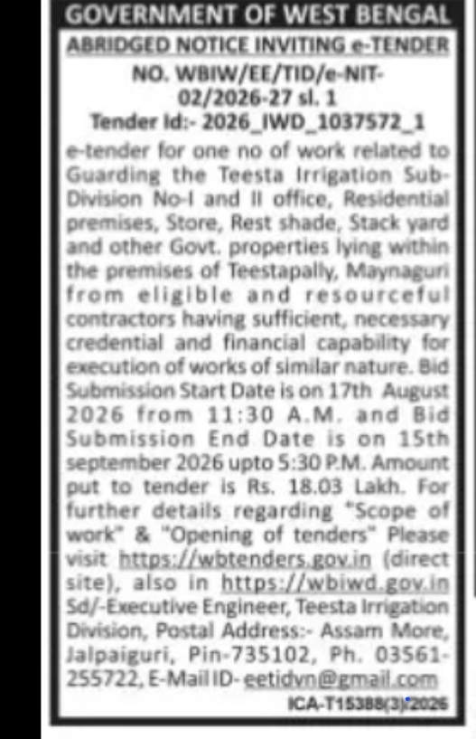 TEESTA IRRIGATION DIVISION – SECURITY/GUARDING WORK