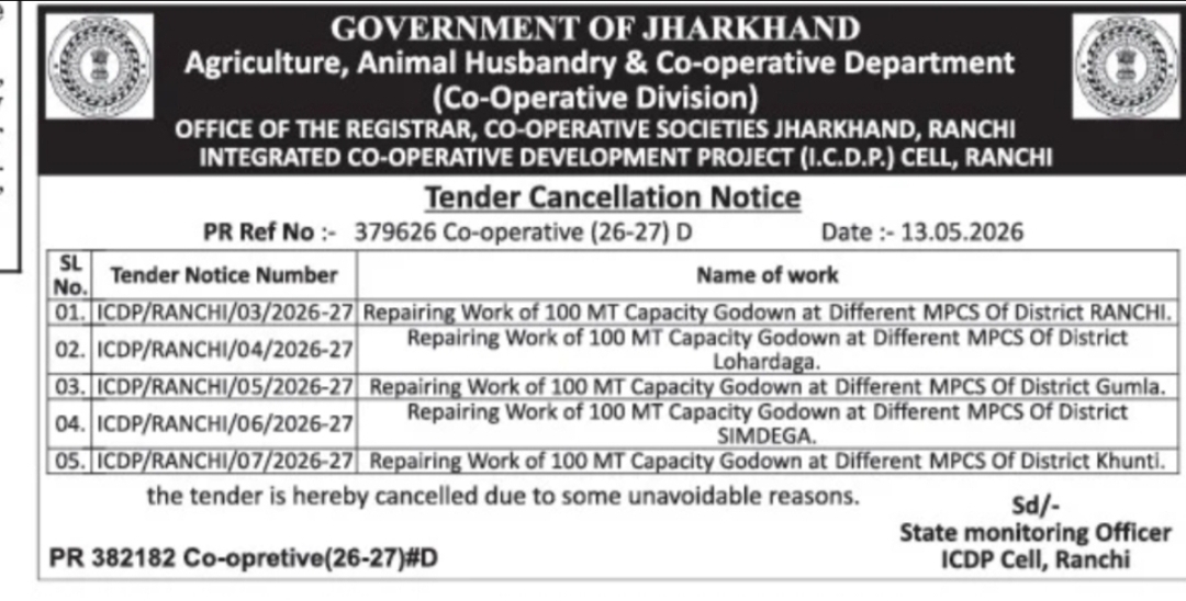 Tender Cancellation Notice – ICDP Integrated Co-operative Development Project, Ranchi (Jharkhand)