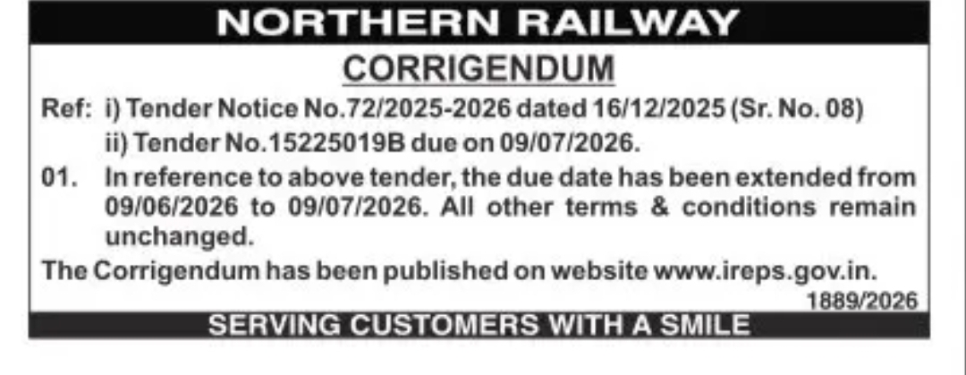 Tender Corrigendum Notice – Northern Railway