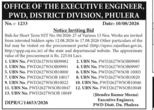 Tender for 13 PWD Works – Phulera