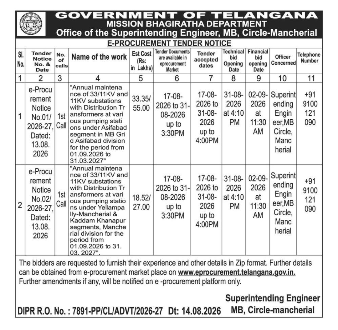 Tender for Annual Maintenance of 33/11KV and 11KV Substations & Distribution Transformers – Mancherial