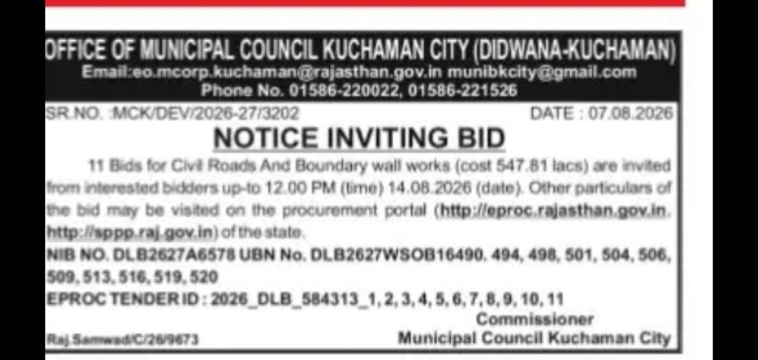 Tender for Civil Roads and Boundary Wall Works – Municipal Council Kuchaman City