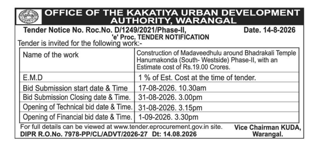 Tender for Construction of Madaveedhulu Around Bhadrakali Temple, Hanumakonda – Phase-II