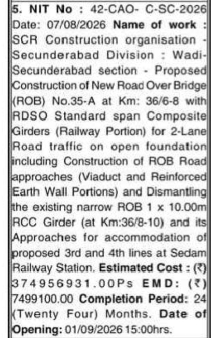 Tender for Construction of New Road Over Bridge No. 35-A at Sedam Railway Station