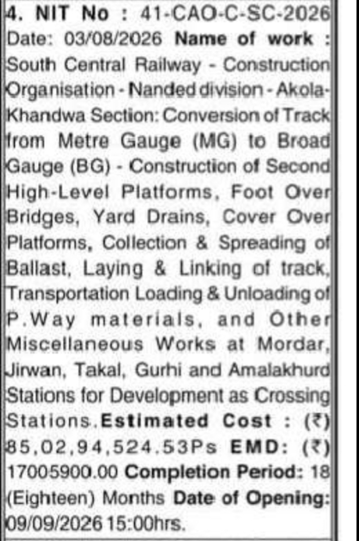 Tender for Conversion of Track from Metre Gauge to Broad Gauge at Mordar, Jirwan, Takal, Gurhi and Amalakhurd Stations