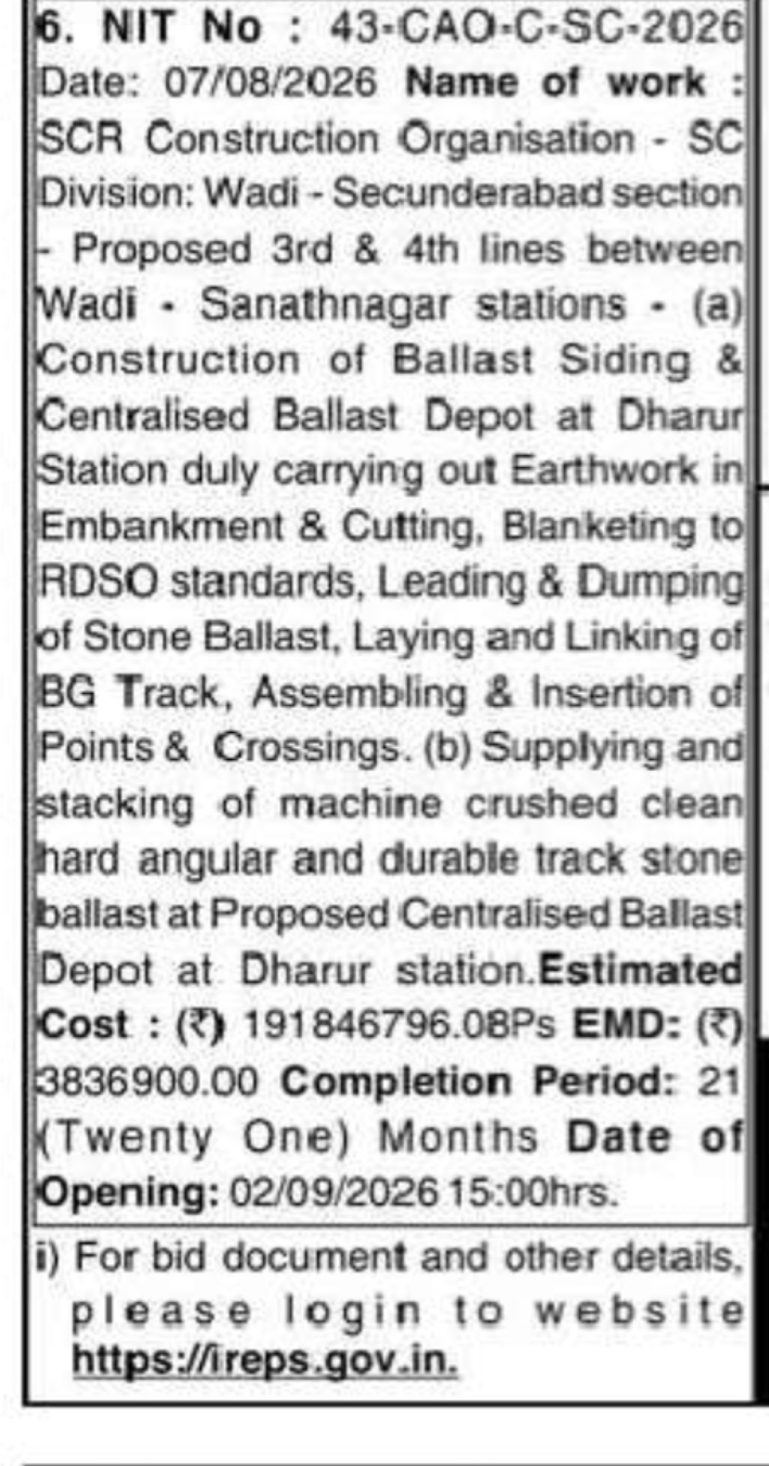 Tender for Proposed 3rd and 4th Lines Between Wadi and Sanathnagar Stations
